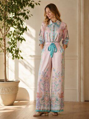 Pink Blue Boho Print Wide Leg Jumpsuit